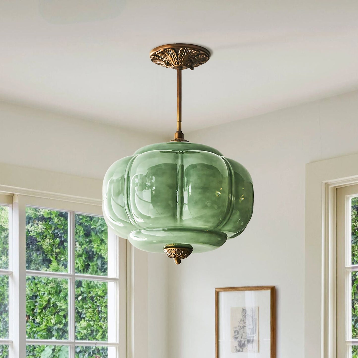 Antique Brass Plafondlamp met Groen Glas Pompoendesign - Elegante Hanglamp voor Eetkamer Keukeneiland Slaapkamer