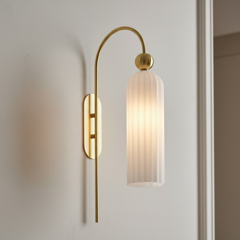Geribbelde Glazen Wandlamp Cilindervorm met Gouden Fitting voor Gang, Slaapkamer, Woonkamer