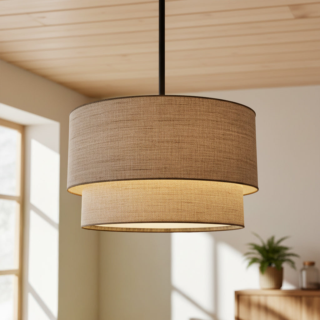 Ronde Dubbele Linnen Hanglamp met Natuurlijke Stoffen Kap Dimbaar