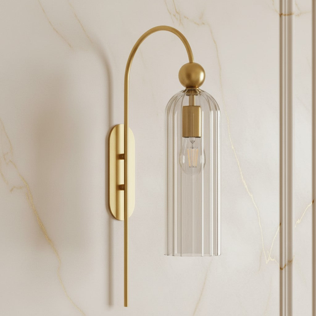 Geribbelde Glazen Wandlamp Cilindervorm met Gouden Fitting voor Gang, Slaapkamer, Woonkamer