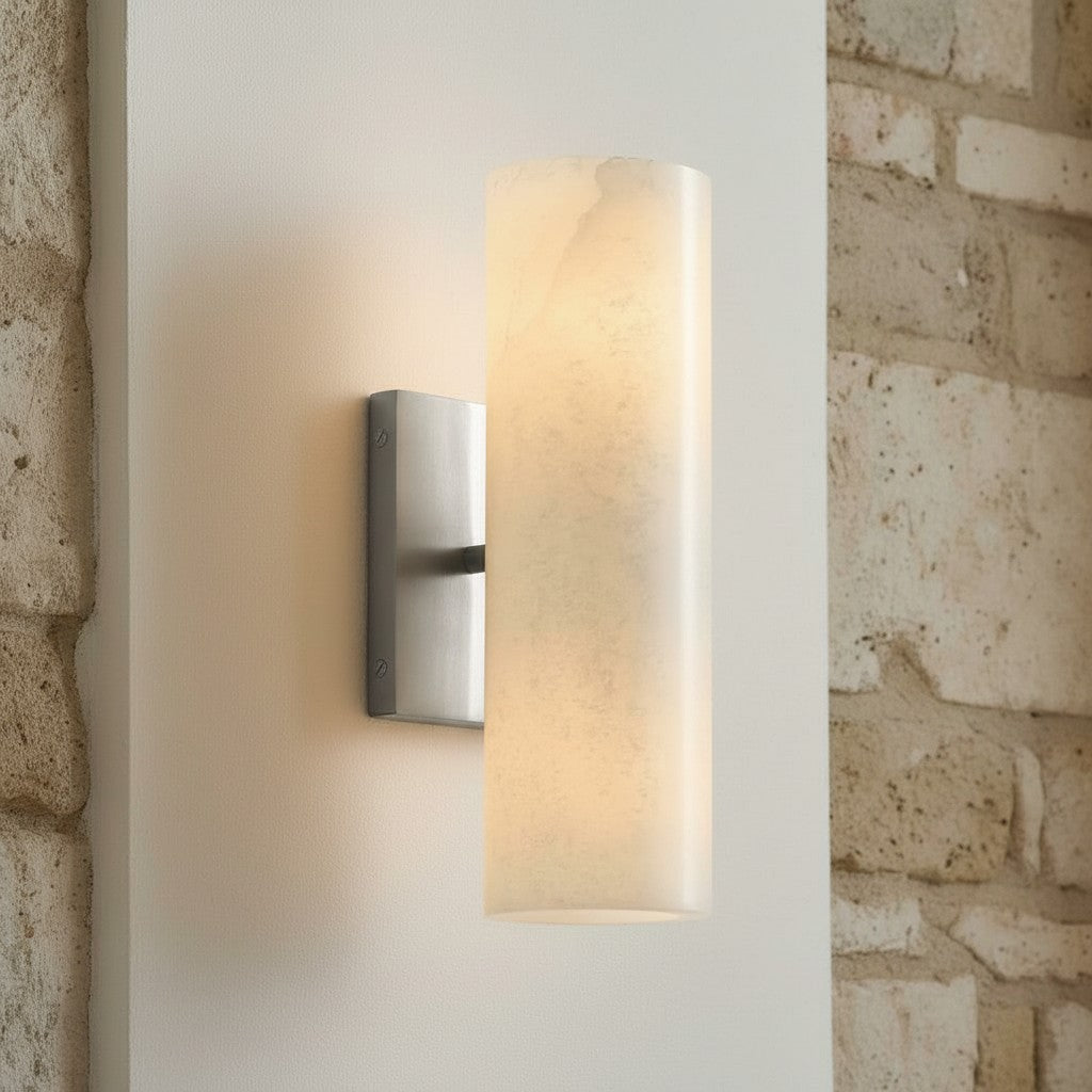 Cilindervormige wandlamp met natuurlijk albast of geribde glazen kap Brons Nikkel Messing