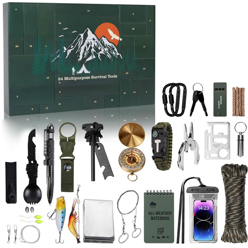 Outdoor Survival Adventskalender 24 Dagen – Compleet Overlevingsset met Gadgets en Gereedschap voor Avonturiers