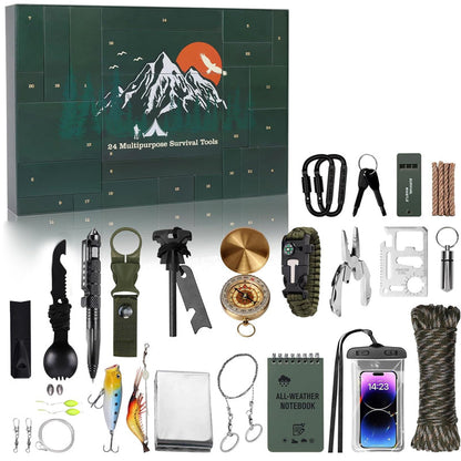 Outdoor Survival Adventskalender 24 Dagen – Compleet Overlevingsset met Gadgets en Gereedschap voor Avonturiers