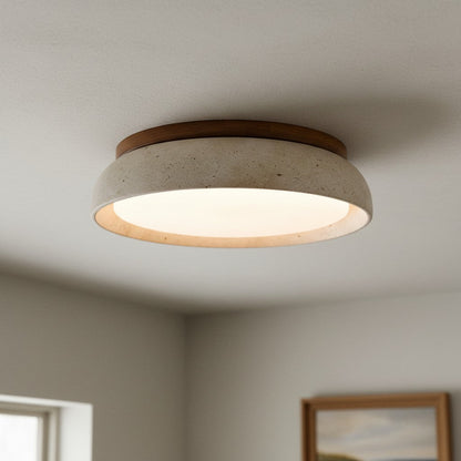 Scandinavische Plafondlamp Travertijn met Houtaccent — Moderne Ronde Opbouwspot Natuursteen en Acryl Inbouw LED Verlichting Warm Wit 3000K Slaapkamer Gang Entree Woonkamer — Ø 30 cm × H 7 cm