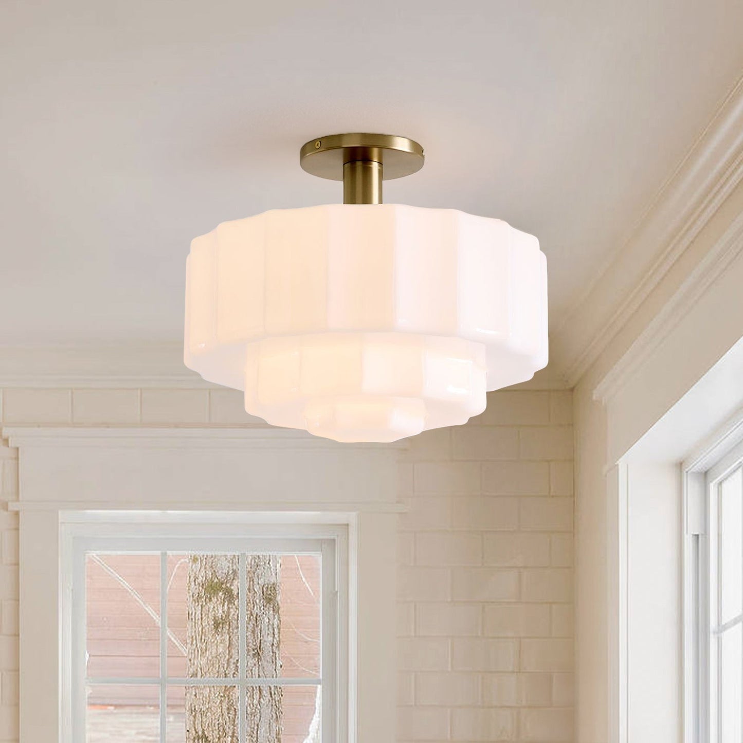 Gelaagde Plafondlamp met Getextureerd Melkglas – Modern Vintage Design