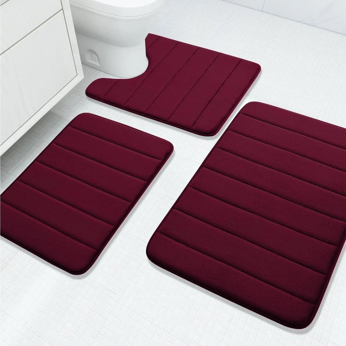 Fluwelen Memory Foam Badmatten Set van 3 Stuks – Waterabsorberend Antislip Badkamertapijt met Zachte Badmat voor Toilet en Douche
