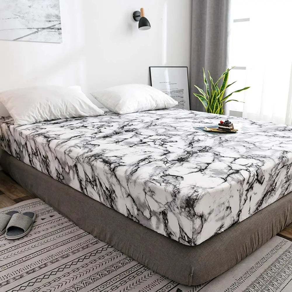 Microfiber Hoeslaken Set met Marmerprint Ademend Weefsel Dagelijks Comfort Diepe Pasvorm Rimpelvrij