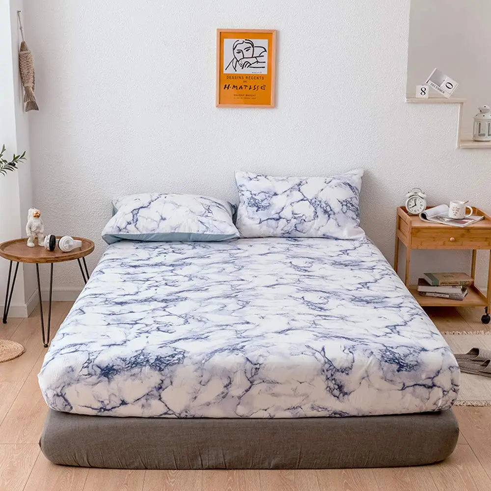 Microfiber Hoeslaken Set met Marmerprint Ademend Weefsel Dagelijks Comfort Diepe Pasvorm Rimpelvrij