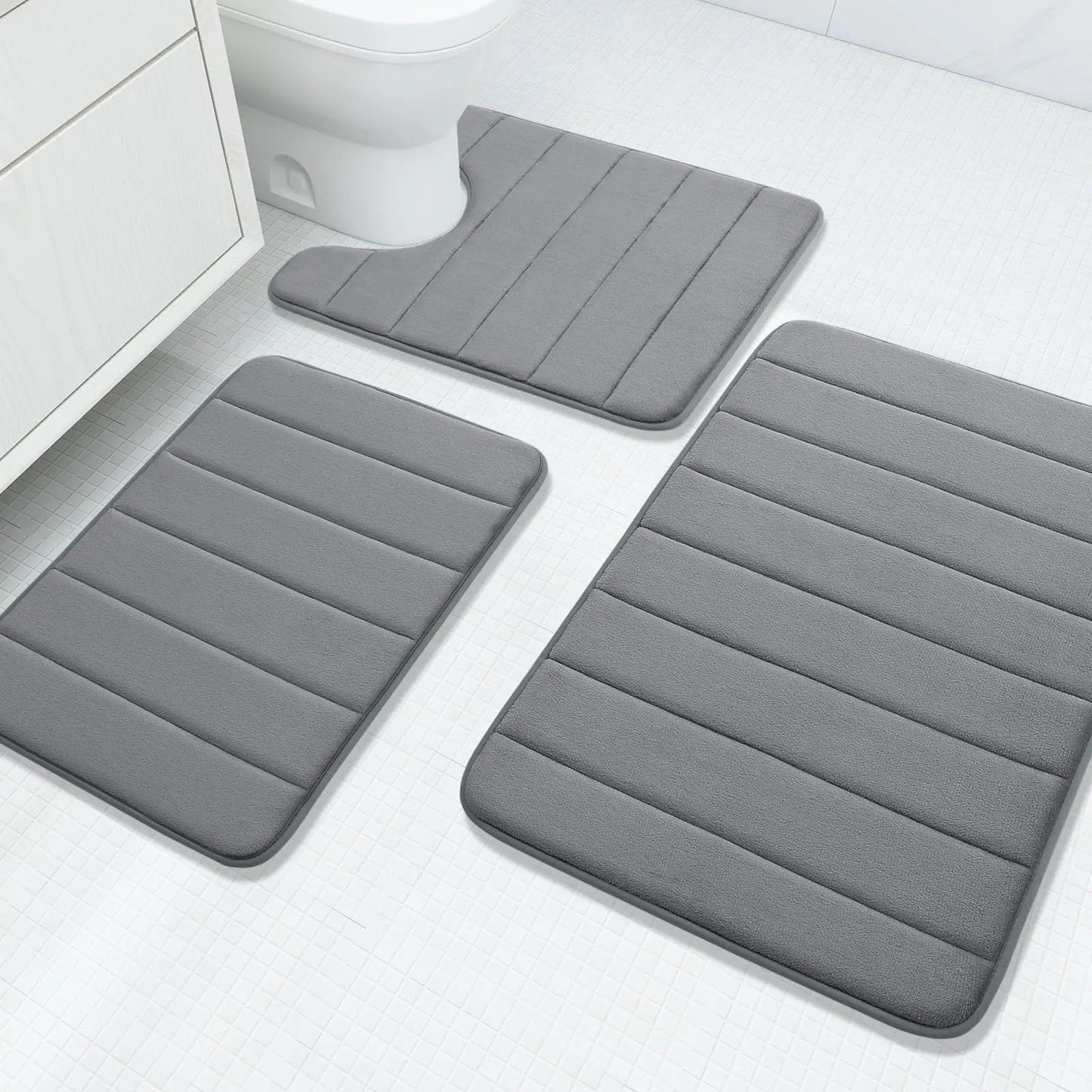 Fluwelen Memory Foam Badmatten Set van 3 Stuks – Waterabsorberend Antislip Badkamertapijt met Zachte Badmat voor Toilet en Douche