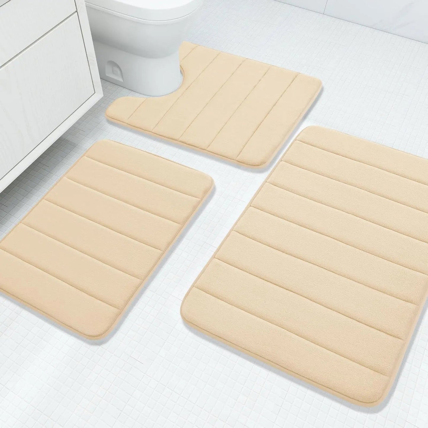 Fluwelen Memory Foam Badmatten Set van 3 Stuks – Waterabsorberend Antislip Badkamertapijt met Zachte Badmat voor Toilet en Douche