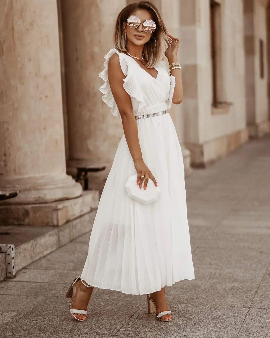 Witte Jurk Plissé Maxi Lente Zomer Jurk voor Vrouw - StudioMarella