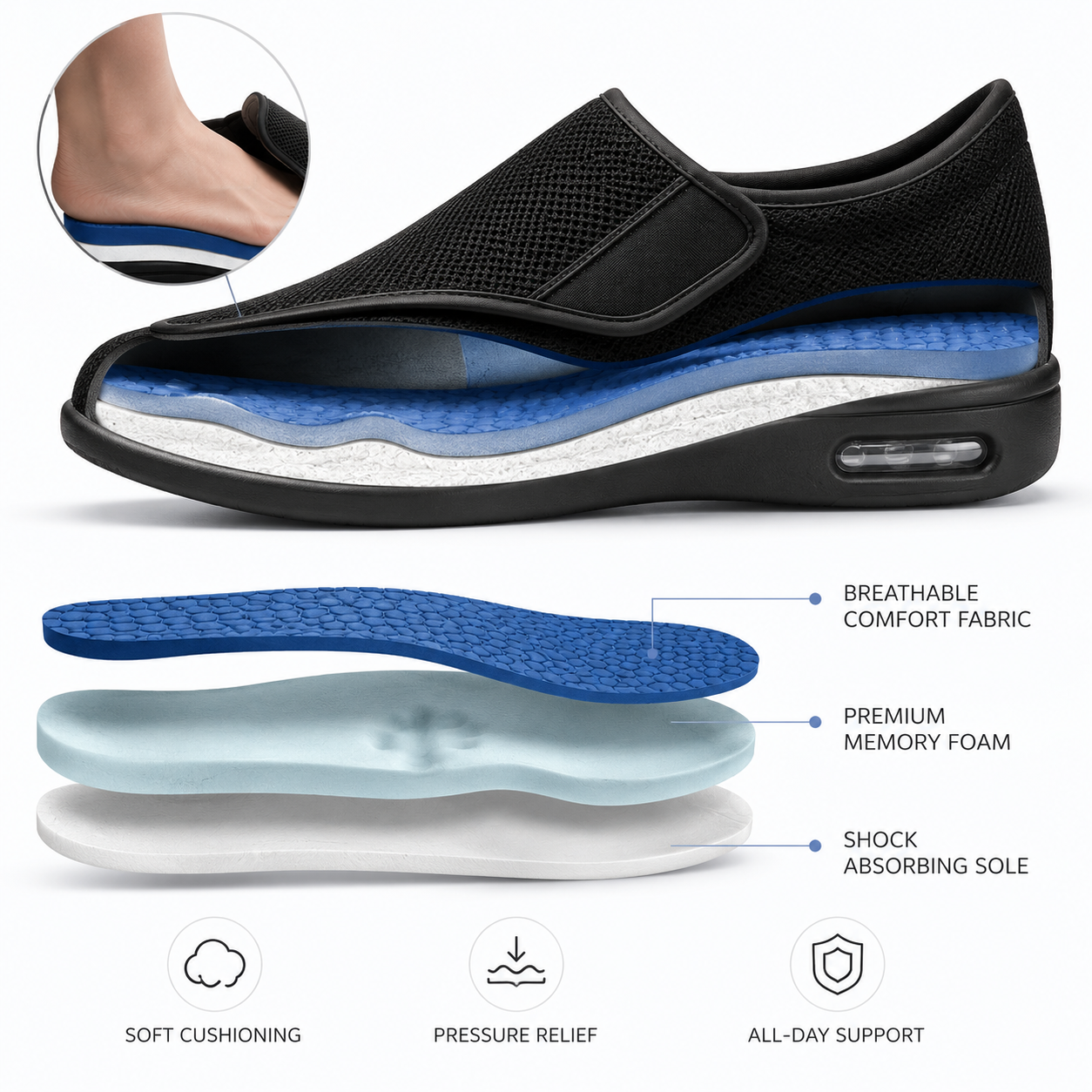 Brede Instapschoenen voor Gevoelige en Gezwollen Voeten – Memory Foam Inlegzool – Naadloos Interieur – Diabetische Comfortschoenen voor Dagelijks Gebruik