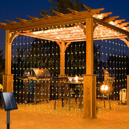 Zonne-energie Lichtgordijn voor Buiten 300 LED Warm Wit Waterbestendige Sfeerverlichting Tuin Terras