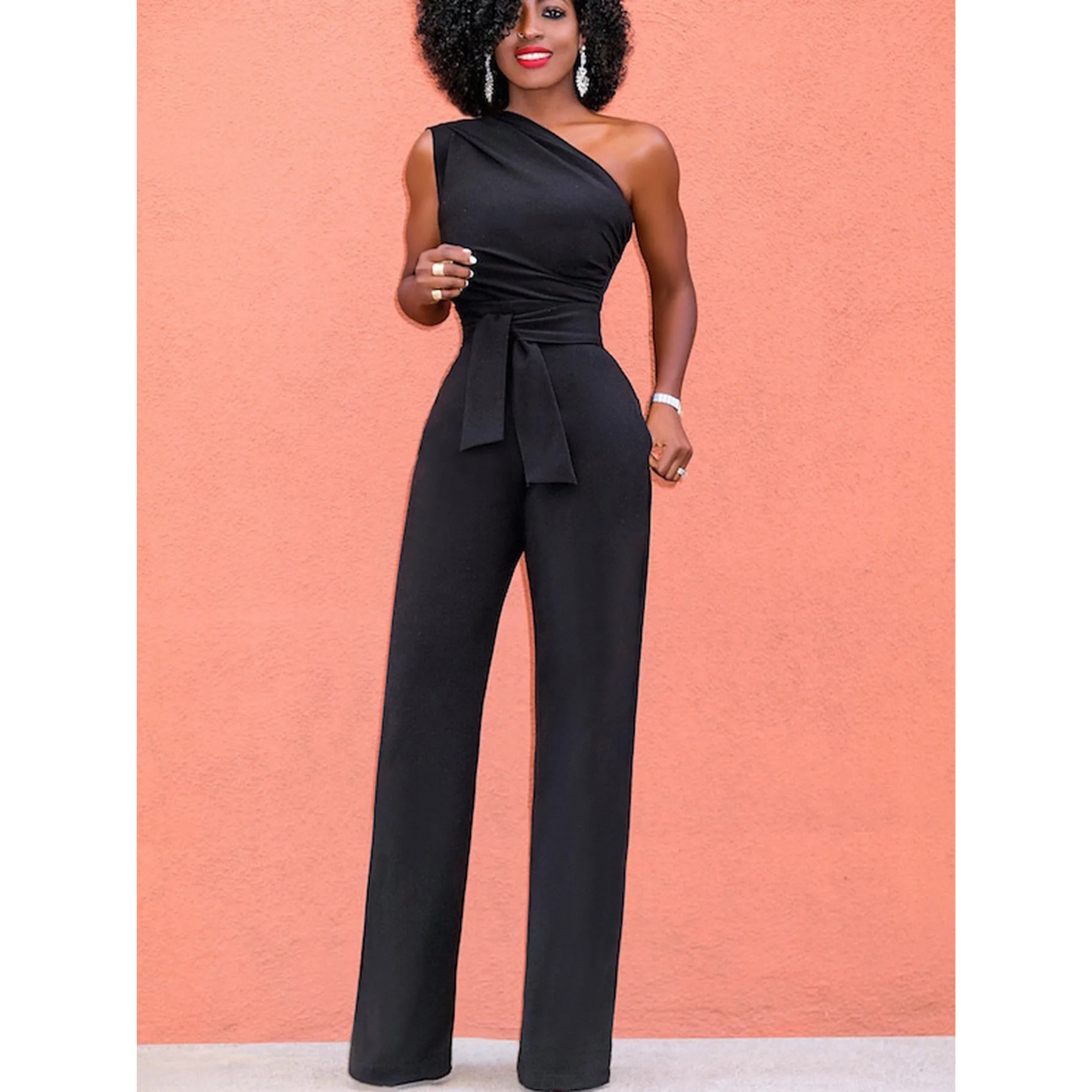Sophie | Jumpsuit met wijde broek en korte mouwen in de kleur Zwart voor dames in Party stijl ideaal voor de herfst.