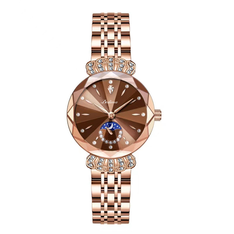 Maanfase Dameshorloge met Glanzende Steenaccenten Metalen Schakelband 30mm