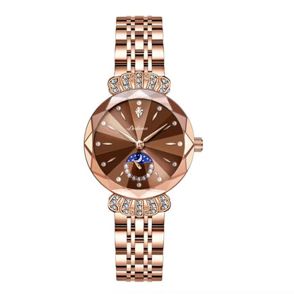 Maanfase Dameshorloge met Glanzende Steenaccenten Metalen Schakelband 30mm
