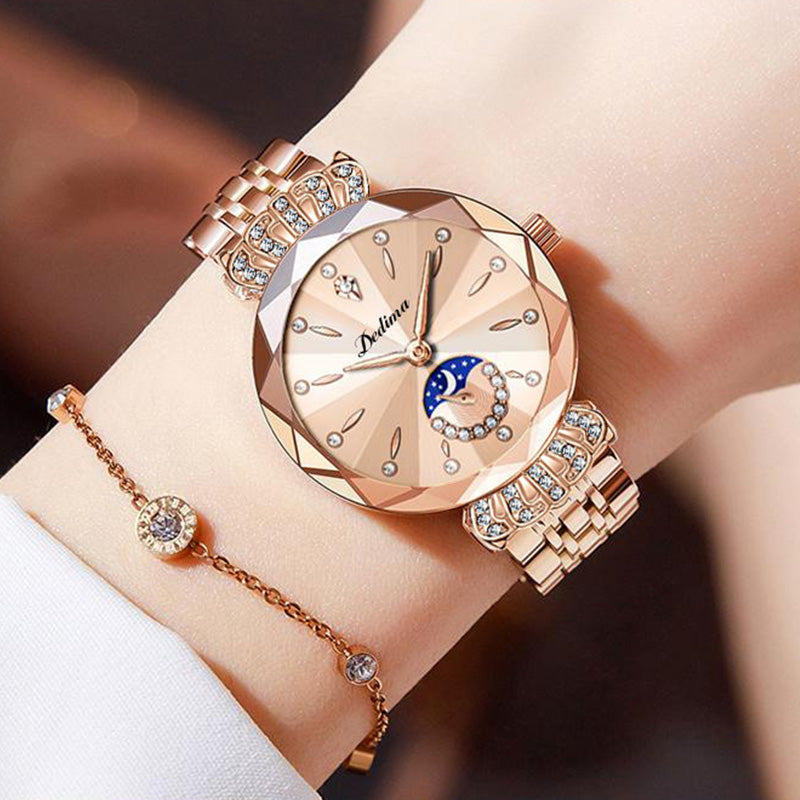 Maanfase Dameshorloge met Glanzende Steenaccenten Metalen Schakelband 30mm