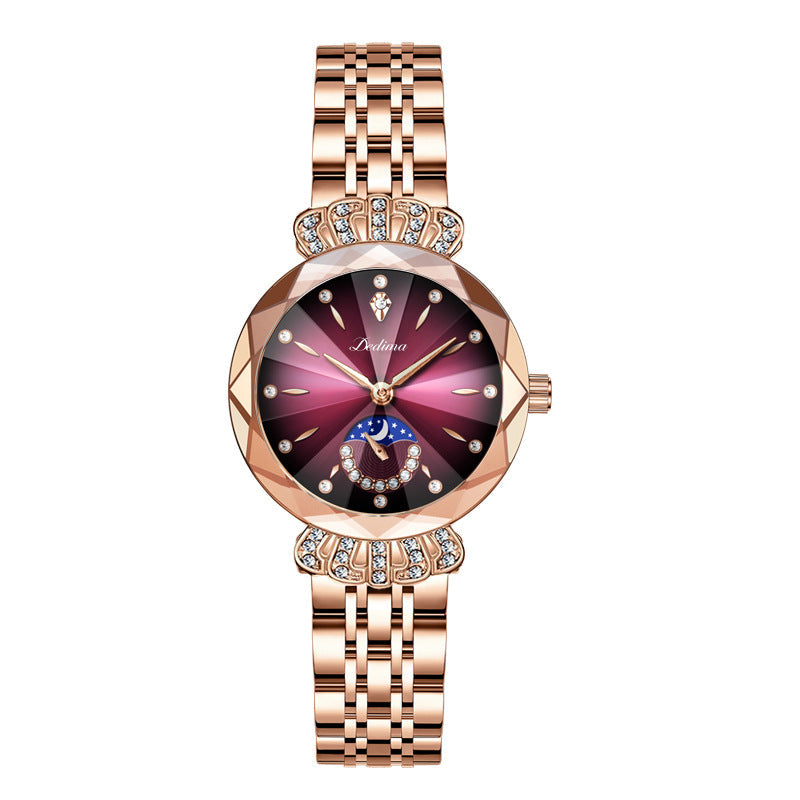 Maanfase Dameshorloge met Glanzende Steenaccenten Metalen Schakelband 30mm