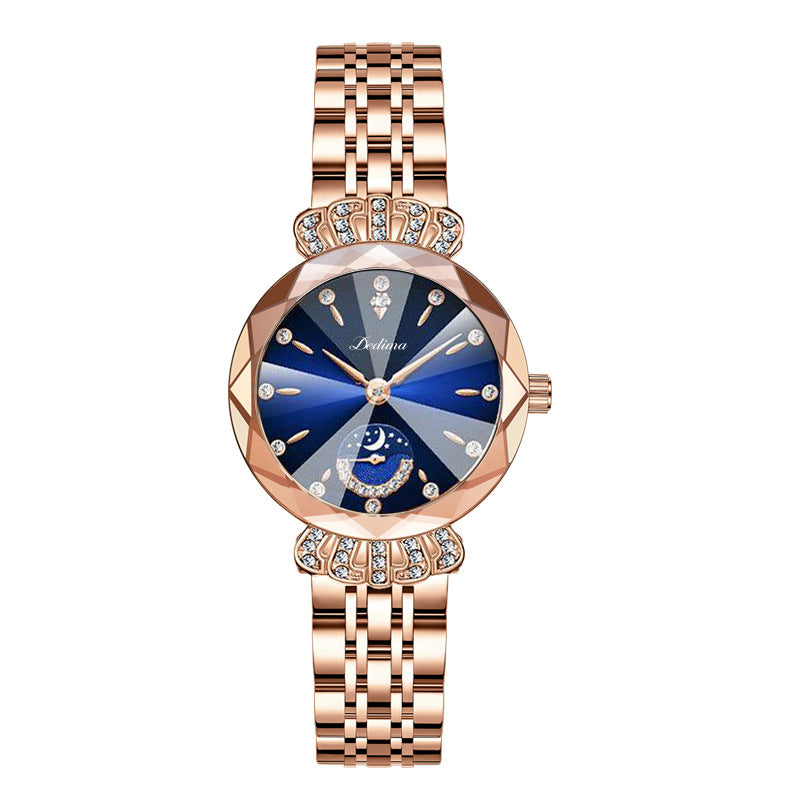 Maanfase Dameshorloge met Glanzende Steenaccenten Metalen Schakelband 30mm