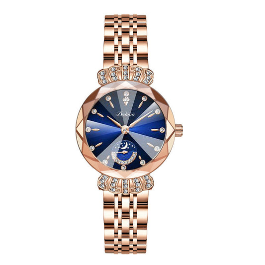 Maanfase Dameshorloge met Glanzende Steenaccenten Metalen Schakelband 30mm