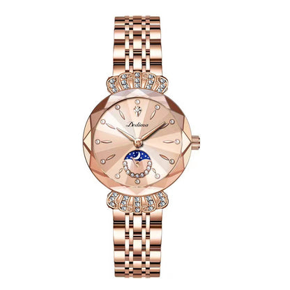 Maanfase Dameshorloge met Glanzende Steenaccenten Metalen Schakelband 30mm