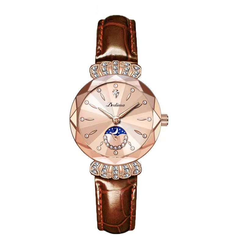 Maanfase Dameshorloge met Glanzende Steenaccenten Metalen Schakelband 30mm
