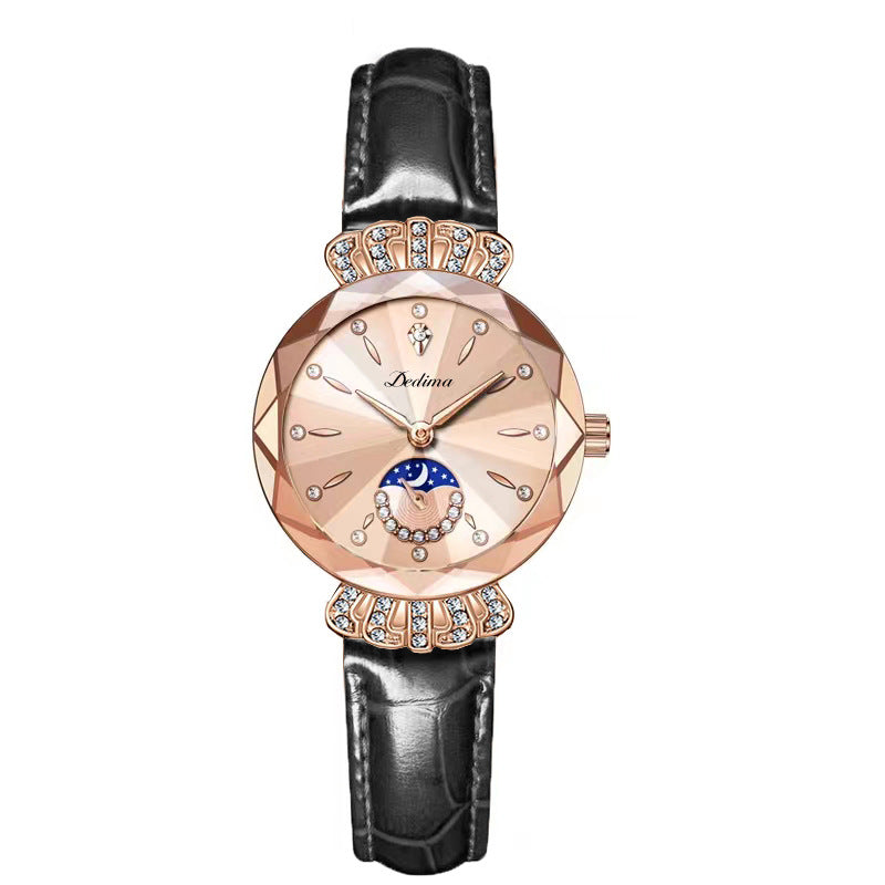 Maanfase Dameshorloge met Glanzende Steenaccenten Metalen Schakelband 30mm