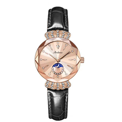 Maanfase Dameshorloge met Glanzende Steenaccenten Metalen Schakelband 30mm