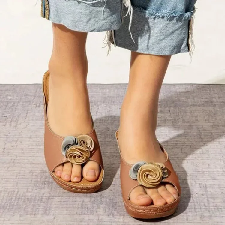 Orthopedische Sandalen Leren Hak met Bloemen Design