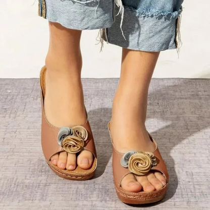 Orthopedische Sandalen Leren Hak met Bloemen Design