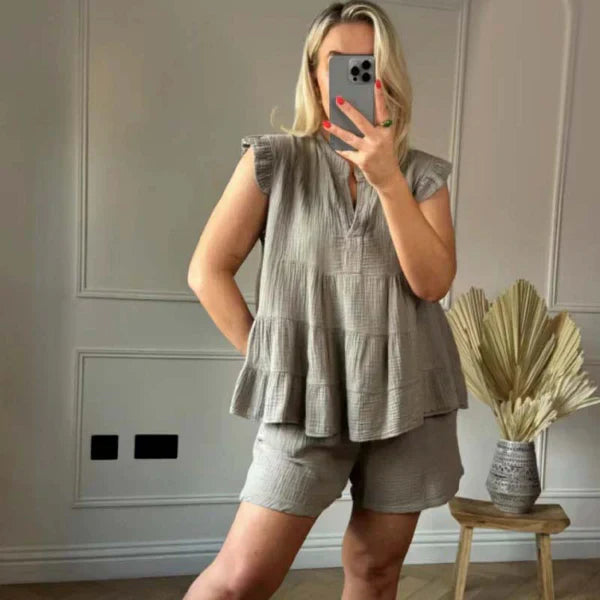 Vrouwelijke Broek Set met Ruches Top