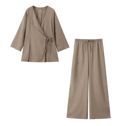 Dames Co-ord Set - Wikkel Kimono en Broek Combinatie
