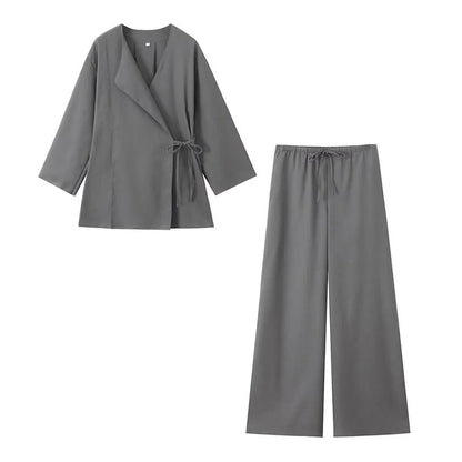 Dames Co-ord Set - Wikkel Kimono en Broek Combinatie