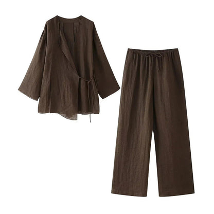 Dames Co-ord Set - Wikkel Kimono en Broek Combinatie