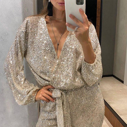 Glitter Jumpsuit V-hals Elegante jurk Feestkleding