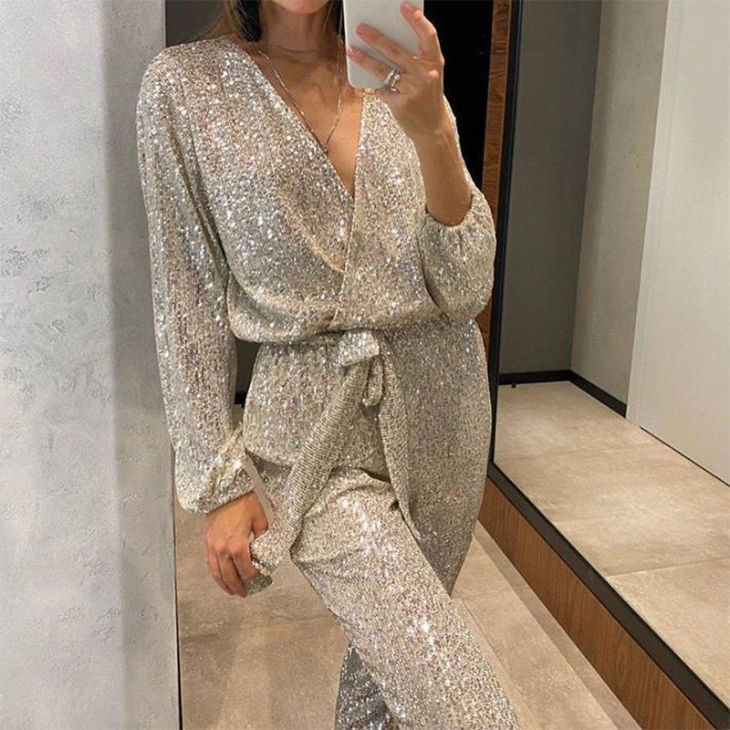 Glitter Jumpsuit Elegante V-hals Jurk voor Dames