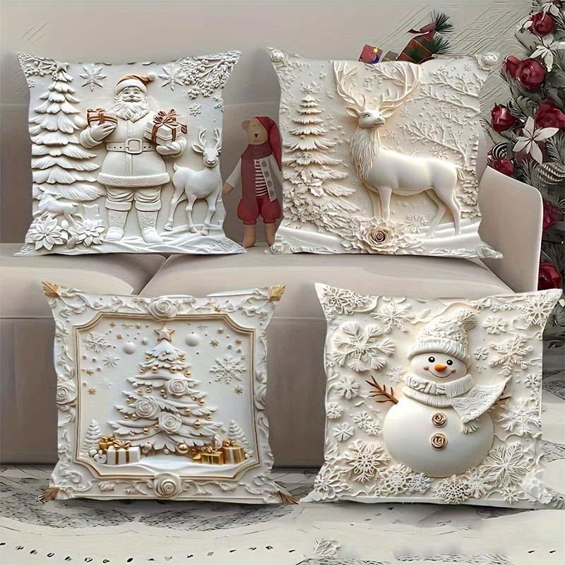 Feestelijke Kussenhoezen Set van 4 – Kerstmotieven met Gestructureerd Design voor Woonkamer & Slaapkamer | Zachte Polyester Sierkussens 45×45 cm voor Winter en Kerst