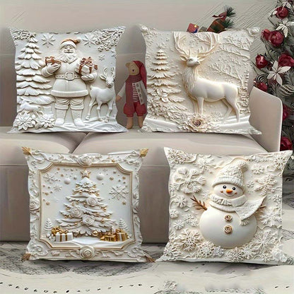 Feestelijke Kussenhoezen Set van 4 – Kerstmotieven met Gestructureerd Design voor Woonkamer & Slaapkamer | Zachte Polyester Sierkussens 45×45 cm voor Winter en Kerst