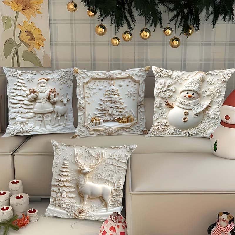Feestelijke Kussenhoezen Set van 4 – Kerstmotieven met Gestructureerd Design voor Woonkamer & Slaapkamer | Zachte Polyester Sierkussens 45×45 cm voor Winter en Kerst