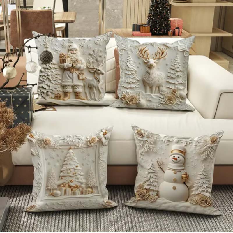 Feestelijke Kussenhoezen Set van 4 – Kerstmotieven met Gestructureerd Design voor Woonkamer & Slaapkamer | Zachte Polyester Sierkussens 45×45 cm voor Winter en Kerst