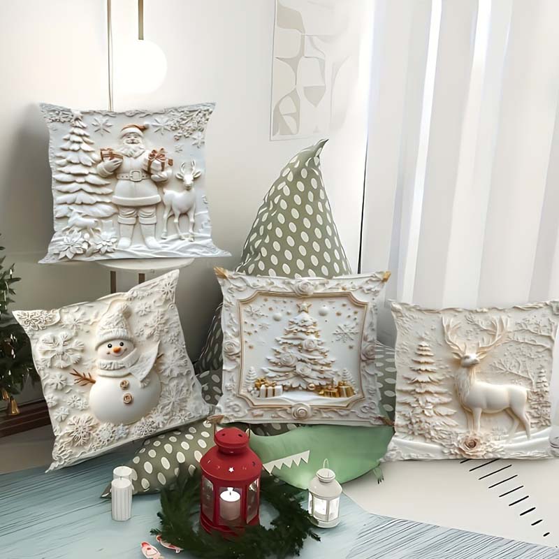 Feestelijke Kussenhoezen Set van 4 – Kerstmotieven met Gestructureerd Design voor Woonkamer & Slaapkamer | Zachte Polyester Sierkussens 45×45 cm voor Winter en Kerst