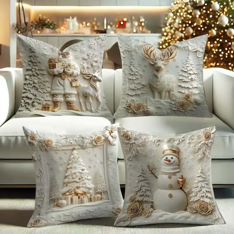 Feestelijke Kussenhoezen Set van 4 – Kerstmotieven met Gestructureerd Design voor Woonkamer & Slaapkamer | Zachte Polyester Sierkussens 45×45 cm voor Winter en Kerst