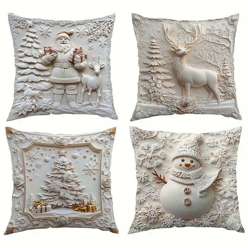 Feestelijke Kussenhoezen Set van 4 – Kerstmotieven met Gestructureerd Design voor Woonkamer & Slaapkamer | Zachte Polyester Sierkussens 45×45 cm voor Winter en Kerst