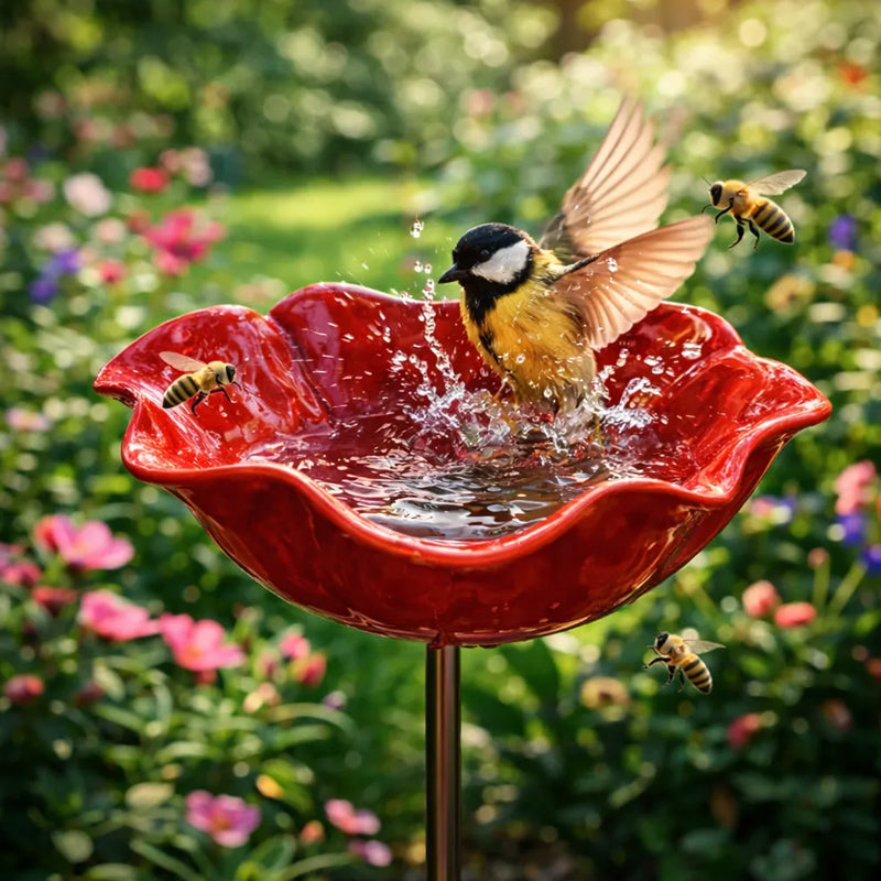 Decoratieve Metalen Tuinsteker met Vogelbad 60cm – Bloemvormig Waterstation voor Vogels en Insecten in 7 Kleuren