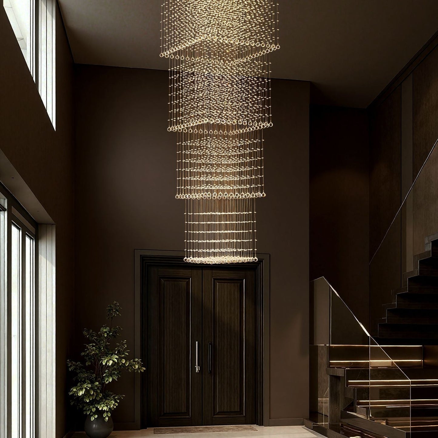 Kristallen Kroonluchter Vierkant Trap Woonkamer Regendruppel Chroom GU10 Modern Luxe