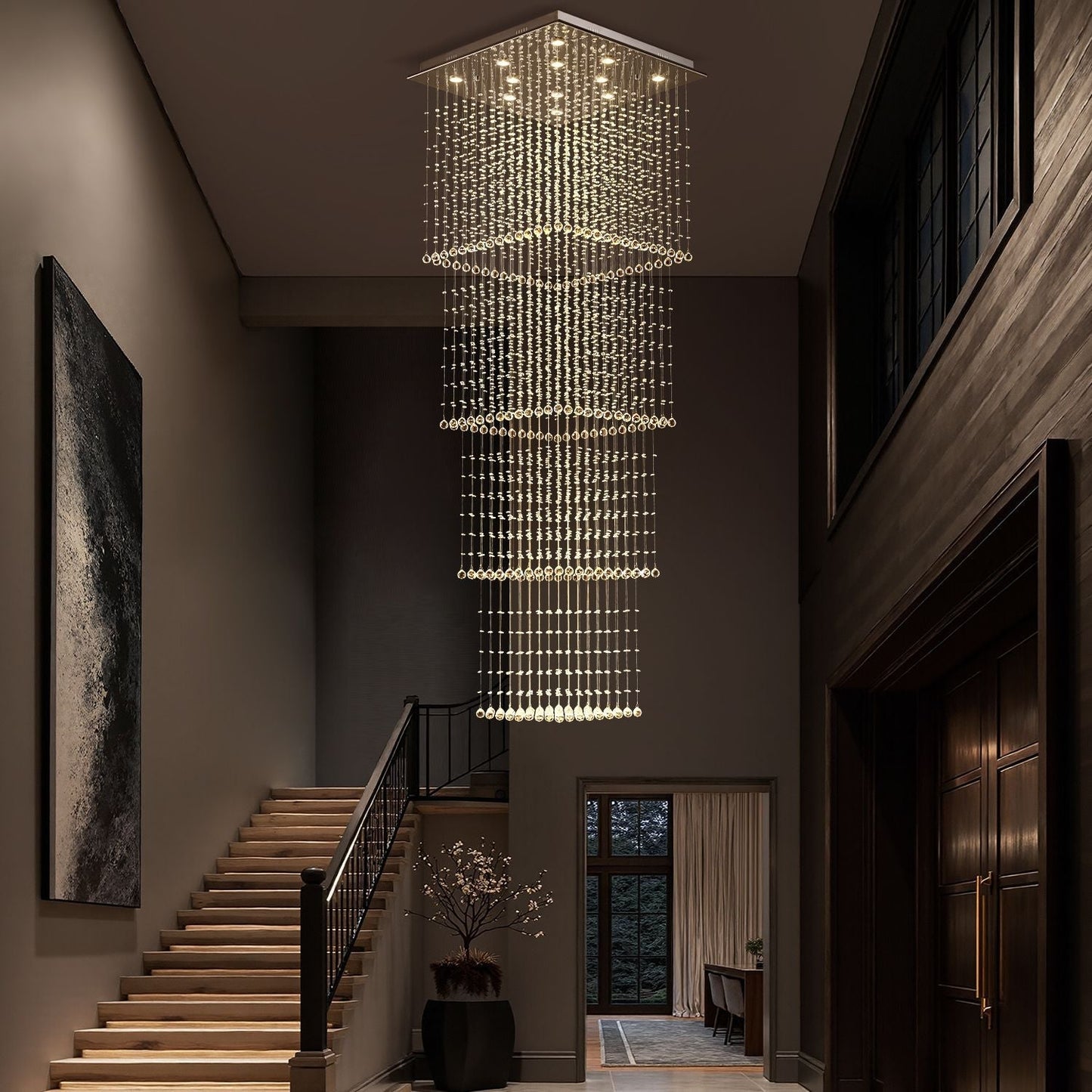 Kristallen Kroonluchter Vierkant Trap Woonkamer Regendruppel Chroom GU10 Modern Luxe