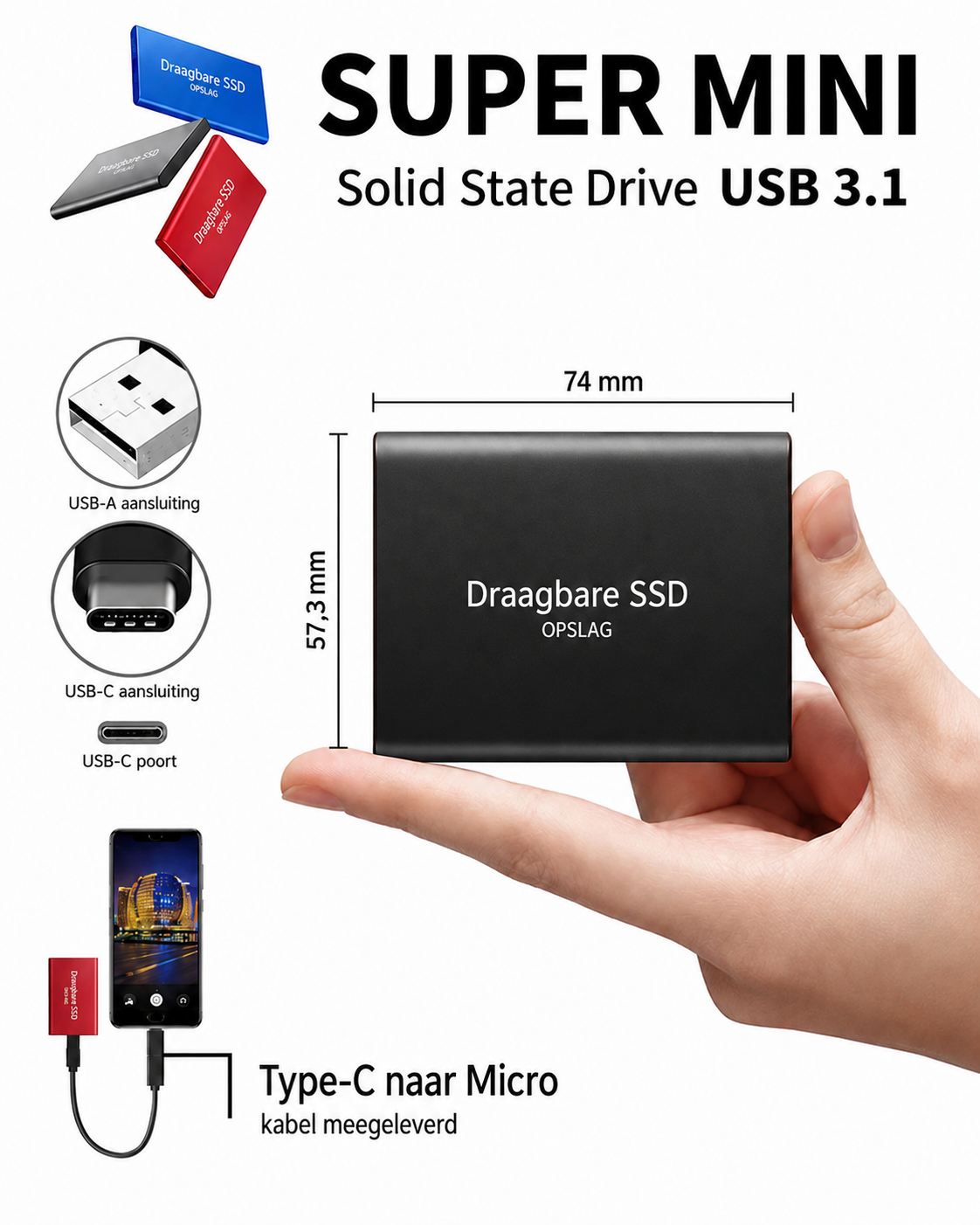 Externe Opslagoplossing met SSD 128TB Snelle Datatransmissie Compacte Aluminium Behuizing USB-C Compatibiliteit voor PC Mac Android