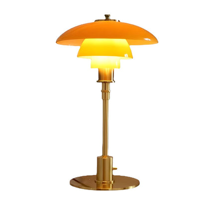 Vintage Tafellamp met Meerlagige Glazen Kap in Amber en Gouden Voet – Moderne Design Bedlamp