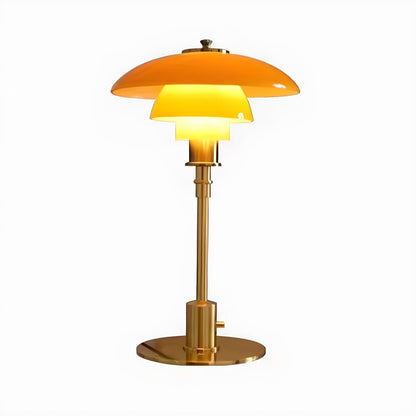 Vintage Tafellamp met Meerlagige Glazen Kap in Amber en Gouden Voet – Moderne Design Bedlamp