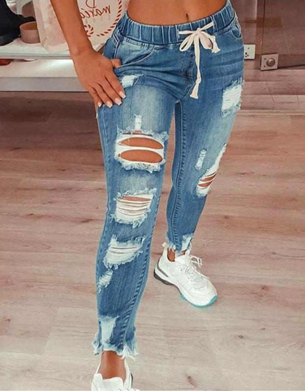 Elastische Jeans voor Vrouw met Gescheurde Knietjes